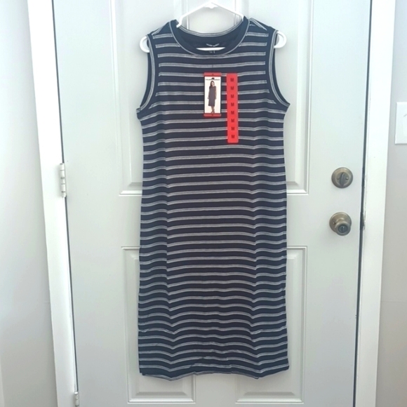 NWT Hilary Radley blue and white striped rayon midi t-shirt maxi dress size M - Picture 1 of 8